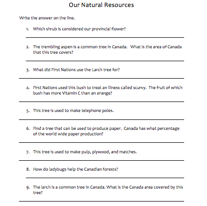 natural resources student worksheet resource