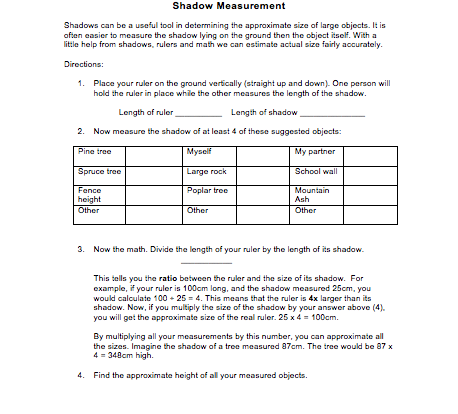 Shadow Measurement worksheet resource for students