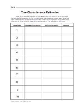 Tree circumference math learning student worksheet