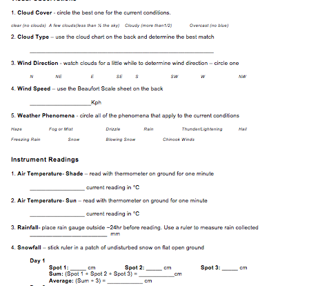 Weather observations student activity